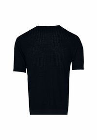 Zwart gebreid T-shirt met korte mouwen, voorzien van een ribbelstructuur, ronde hals en een aansluitende zoom, gezien vanuit de achterkant.