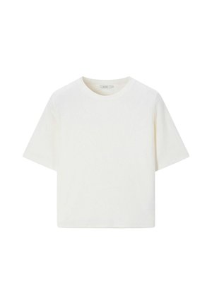 Schlichtes weißes T-Shirt mit kurzen Ärmeln und Rundhalsausschnitt sowie geradem Saum, auf weißem Hintergrund dargestellt.