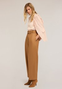 Lichtroze blouse met gestructureerde mouwen, gecombineerd met hooghangende, wijde bruine broek en puntige hakken. Glad materiaal, perfecte pasvorm.