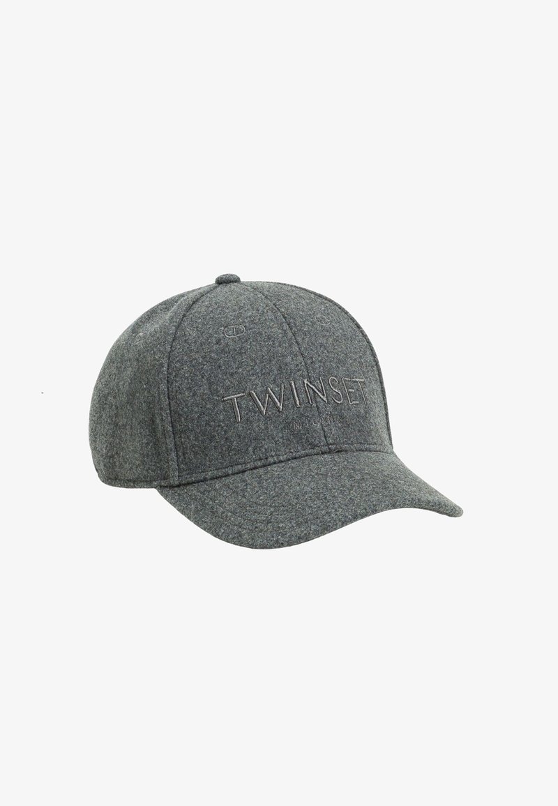 Cappellino da baseball grigio in lana con logo ricamato sulla parte frontale. Corona arrotondata e visiera curvata, che mette in mostra un tessuto testurizzato.