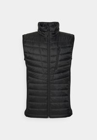 Sort ærmeløs puffvest med høj krave, horisontalt quiltet mønster, lynlås lukning foran og lynlåslommer på siden. Glat overflade.