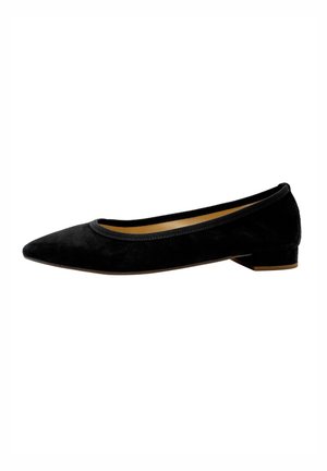 Schwarze Wildleder-Ballerinas mit spitz zulaufender Zehenpartie, gepolstertem Kragen und niedrigem Blockabsatz. Glatte Textur mit einem dezenten Design.