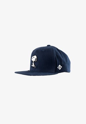 Navy blue baseball cap featuring a side-stitched Snoopy character and a small white logo near the back panel.