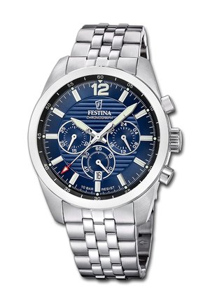 Orologio da polso cronografo Festina con quadrante blu, indici orari argento, tre quadranti secondari, finestra della data e cinturino in acciaio inox.