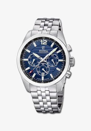 Orologio da polso cronografo Festina con quadrante blu, indici orari argento, tre quadranti secondari, finestra della data e cinturino in acciaio inox.