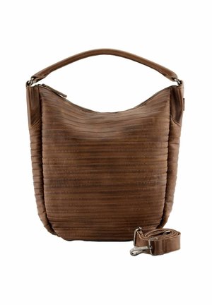 Borsa a mano in pelle marrone con una superficie testurizzata e rigata. Presenta una forma arrotondata, chiusura con zip e una tracolla removibile.