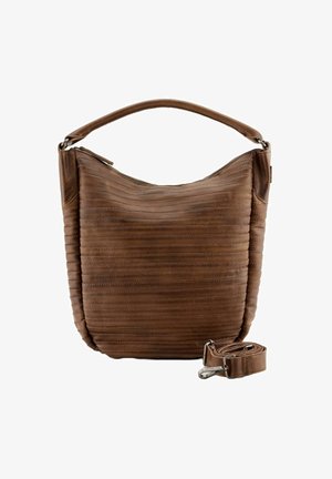 Brown leather handbag with a textured, ribbed surface. Features a rounded shape, zip closure, and a detachable strap.