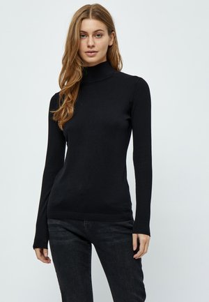 Black turtleneck sweater made of a soft, smooth knit fabric. Fitted design with long sleeves and ribbed texture at the collar and hem.