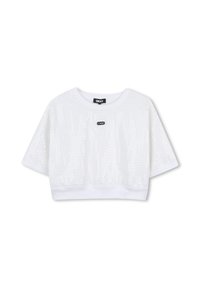 Sweatshirt blanc court avec des manches courtes, motif texturé, col rond uni, et un petit logo sur le devant. Tissu doux.