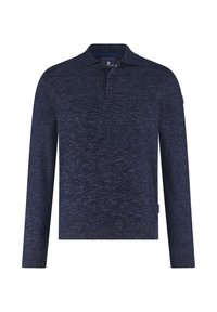 Marineblauwe poloshirt met lange mouwen, voorzien van een gemêleerd breisel, een knoopsluiting met twee knopen en geribde manchetten, met een subtiele merkembleem aan de zijkant.