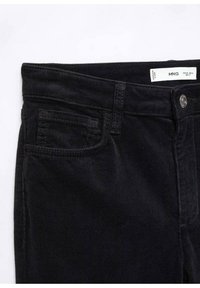 Black corduroy pants with a button closure, featuring a front pocket and a textured fabric. Label shows brand name and sizing information.