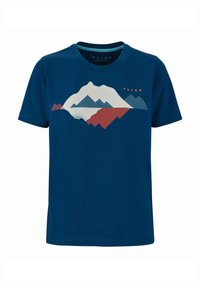 T-shirt in cotone blu navy con grafica di montagne e dettagli rossi e bianchi. Collo rotondo, maniche corte e orlo dritto.