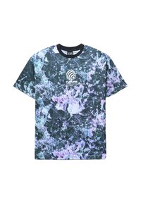 Koszulka z krótkim rękawem wykonana z bawełny, z wielokolorowym marmurowym wzorem w kolorach czarnym, fioletowym i turkusowym, z okrągłym czarnym dekoltem i logo.