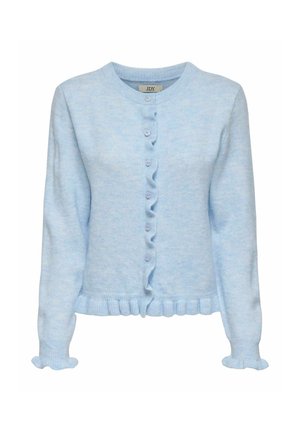 Gaiši zils kardigans ar apaļu izgriezumu, priekšējo pogu aizdari, viļņotu apakšmalu un aprocēm, tekstūru adījumu. Piecas pogas ar atbilstošu krāsu.