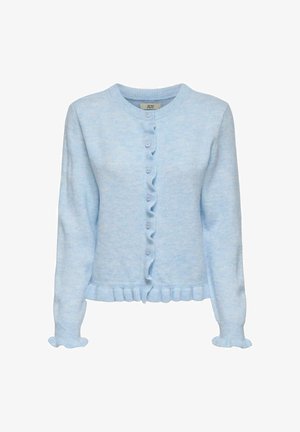 Lyseblå cardigan med rund halsudskæring, frontlukning med knapper, volangkant og manchetter, tekstureret strikstof. Fem knapper i matchende farve.