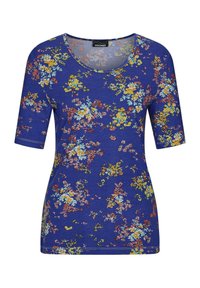 Blumenoberteil für Frauen mit runder Ausschnitt und kurzen Ärmeln. Hergestellt aus blauem Stoff mit lebhaften Blumenmustern in Gelb, Pink und Grün.