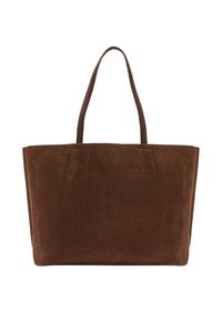 Brązowa torba na ramię zamszowa z dwoma płaskimi uchwytami, prostokątnym kształtem i gładką fakturą. Brak widocznych logo lub ozdób.