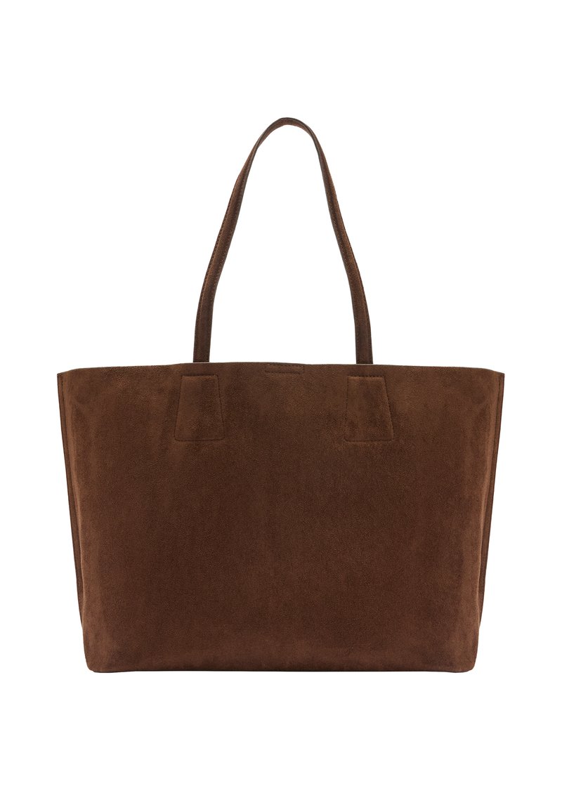 Brązowa torba na ramię zamszowa z dwoma płaskimi uchwytami, prostokątnym kształtem i gładką fakturą. Brak widocznych logo lub ozdób.