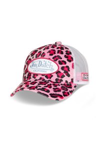 Gorra de piel de leopardo rosa con visera curva y parte trasera de malla. Presenta un parche de logo azul con el texto "Von Dutch California". Textura suave.