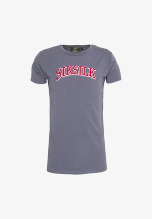 Gray short-sleeve t-shirt with a round neckline and red embroidered "SIKSILK" logo across the chest. Smooth cotton fabric, fitted design.