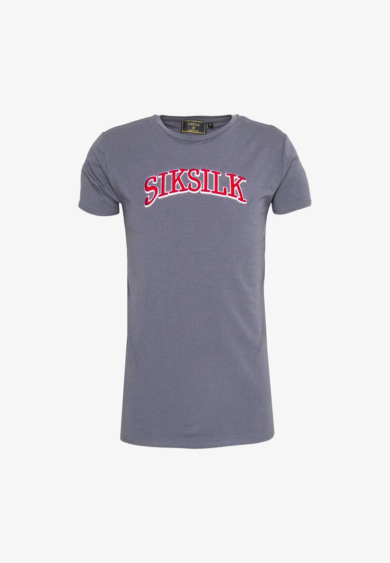 Šedé tričko s krátkým rukávem, kulatým výstřihem a červeným vyšitým logem "SIKSILK" přes hruď. Hladká bavlněná tkanina, přiléhavý střih.