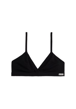 Zwarte driehoekige bralette met dunne bandjes, gemaakt van een zachte stof. Heeft een geraffineerd midden en een klein zilver logo op de band.