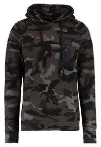 Sweat à capuche camouflage gris foncé et noir avec détails côtelés aux épaules et un patch chevron étoile sur la poitrine gauche, avec capuche à cordon de serrage.