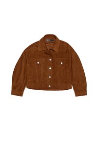 Giacca cropped in suede marrone con colletto, due tasche sul petto, bottoni in argento e maniche lunghe, caratterizzata da una lieve texture e un design pulito.