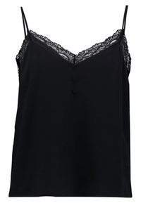 Svart ärmlös topp med tunna remmar, spetskant längs u-ringningen och övre kanter, samt tre tygklädda knappar fram i mitten.