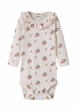 Hellrosa Baby-Body mit langen Ärmeln, Erdbeer- und Bienenmuster, gerafftem Kragen und Druckknöpfen im Schritt.