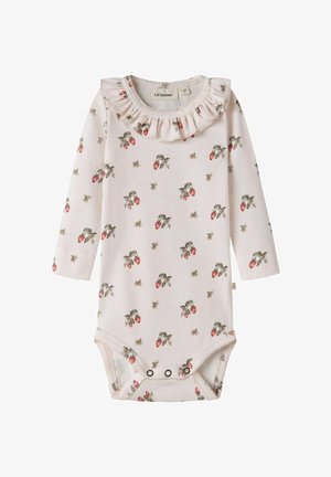 Body per neonati a manica lunga rosa chiaro con stampa di fragole e api, colletto arricciato e chiusura a scatto all'altezza del cavallo.