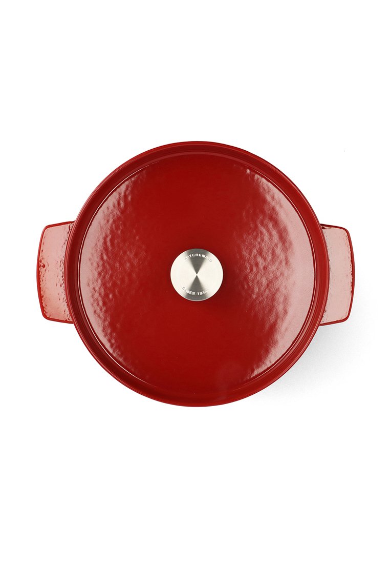 Roter gusseiserner Dutch Oven mit glatter, glänzender Oberfläche, kreisförmigem Design und zwei seitlichen Griffen. Zentrale Edelstahlknopf für den Deckel.