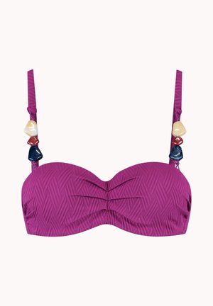 Top de bikini morado con textura y tirantes ajustables que presentan cuentas decorativas multicolores en cada lado.