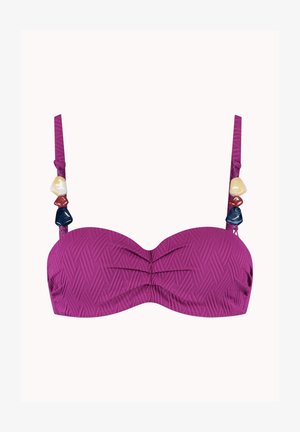 Paarse textuurbikinitop met verstelbare bandjes, voorzien van decoratieve meerkleurige kralen aan elke kant.