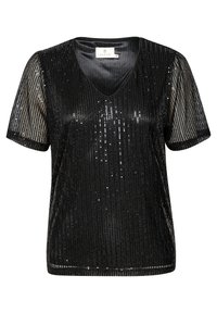Svart kortärmad topp med V-ringning, prydd med en genomskinlig design pyntad med vertikala paljetter för textur och glans.