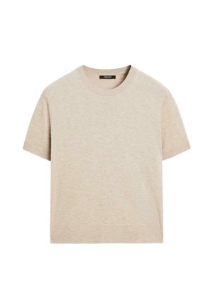 Helle beigefarbene kurzärmlige T-Shirt mit Rundhalsausschnitt, flach auf einem weißen Hintergrund präsentiert, um sein einfaches und modernes Design zu zeigen.