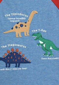 Sinine kangas, millel on tikitud dinosaurused: pruun Diplodocus pika kaelaga, roheline T-Rex teravate hammastega ja sinine Stegosaurus, kes kõnnib 5 miili tunnis.