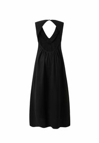 Schwarzes ärmelloses Kleid mit tiefem V-Ausschnitt und gerafftem Taillenbereich, aus weichem Stoff gefertigt, mit einem lockeren, fließenden Design.