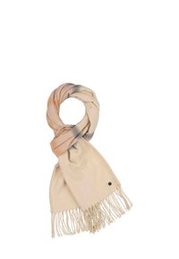 Sciarpa beige chiaro con bordi frangiati, caratterizzata da un motivo a quadri tessuto in tonalità più scure. Realizzata in tessuto morbido con una texture liscia.