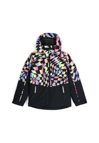 Bunt gemusterte Jacke mit Kapuze, kontrastierendem schwarzen Unterteil und zwei Reißverschlusstaschen auf der Vorderseite. Hergestellt aus synthetischem Material.