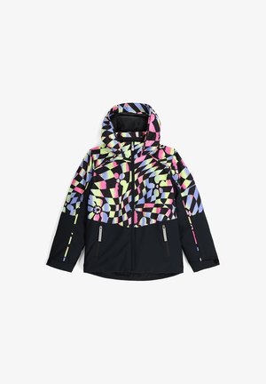 Giacca a fantasia colorata con cappuccio, sezione inferiore nera a contrasto e due tasche con zip sul davanti. Realizzata in materiale sintetico.
