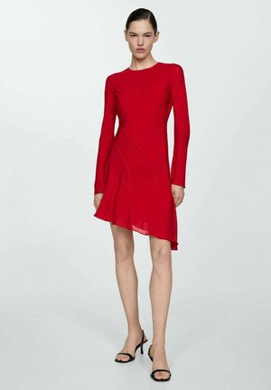 Red long-sleeved dress with a fitted bodice and asymmetrical flared hem. Smooth, lightweight fabric with minimal design details.