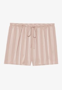 Ljust rosa satinsort med vertikala ränder, elastisk midja och dragsnöre. Slät textur med en avslappnad passform.