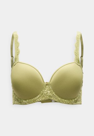 Light green padded bra with lace accents along the bottom and sides, featuring scalloped edges and a central decorative button detail.