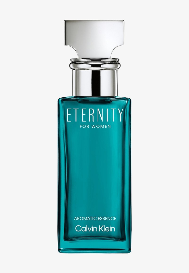 Blauw rechthoekig glazen parfumflesje met zilveren dop, gelabeld met "Eternity for Women, Aromatic Essence, Calvin Klein".