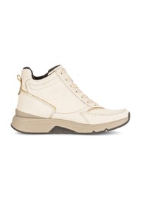 Beige hoge sneakers met een glad leren materiaal, vetersluiting, gevoerd kraag en rubberen zool met subtiele gouden accenten.