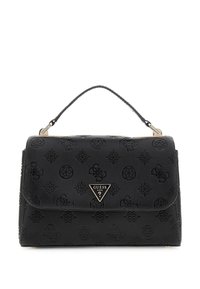 Borsa a tracolla in pelle nera con motivo a logo in rilievo, accentuata da un logo metallico triangolare, forma strutturata e manico superiore. Presenta una chiusura a pattina.