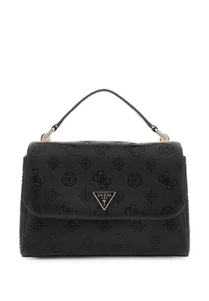 Borsa a tracolla in pelle nera con motivo a logo in rilievo, accentuata da un logo metallico triangolare, forma strutturata e manico superiore. Presenta una chiusura a pattina.