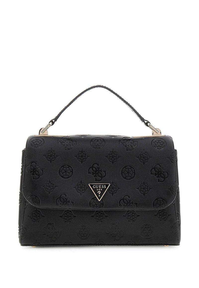 Borsa a tracolla in pelle nera con motivo a logo in rilievo, accentuata da un logo metallico triangolare, forma strutturata e manico superiore. Presenta una chiusura a pattina.