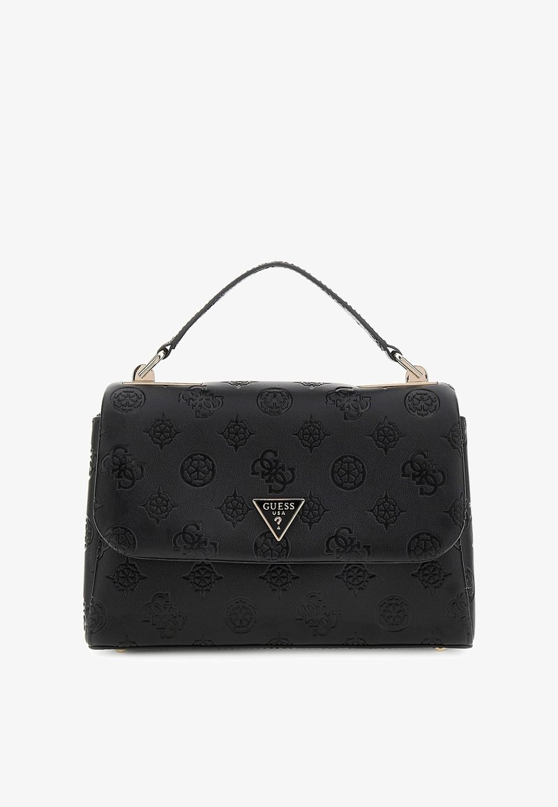 Borsa a tracolla in pelle nera con motivo a logo in rilievo, accentuata da un logo metallico triangolare, forma strutturata e manico superiore. Presenta una chiusura a pattina.